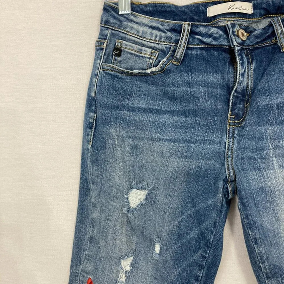 Kancan Blue Distressed Floral Embroidered Frayed Hem Slim Crop Jeans size 27 - Picture 5 of 12